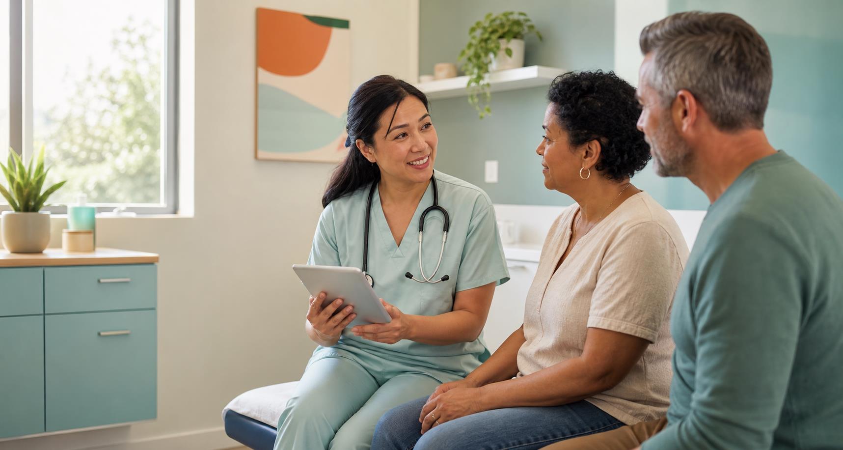 Healthcare provider speaking warmly with patients in a primary care office